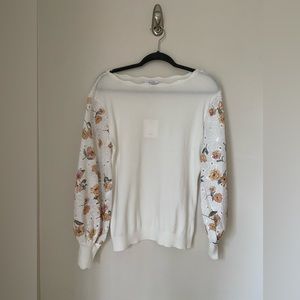 NWT Sioni Eggshell sweater with yellow flowered balloon sleeves